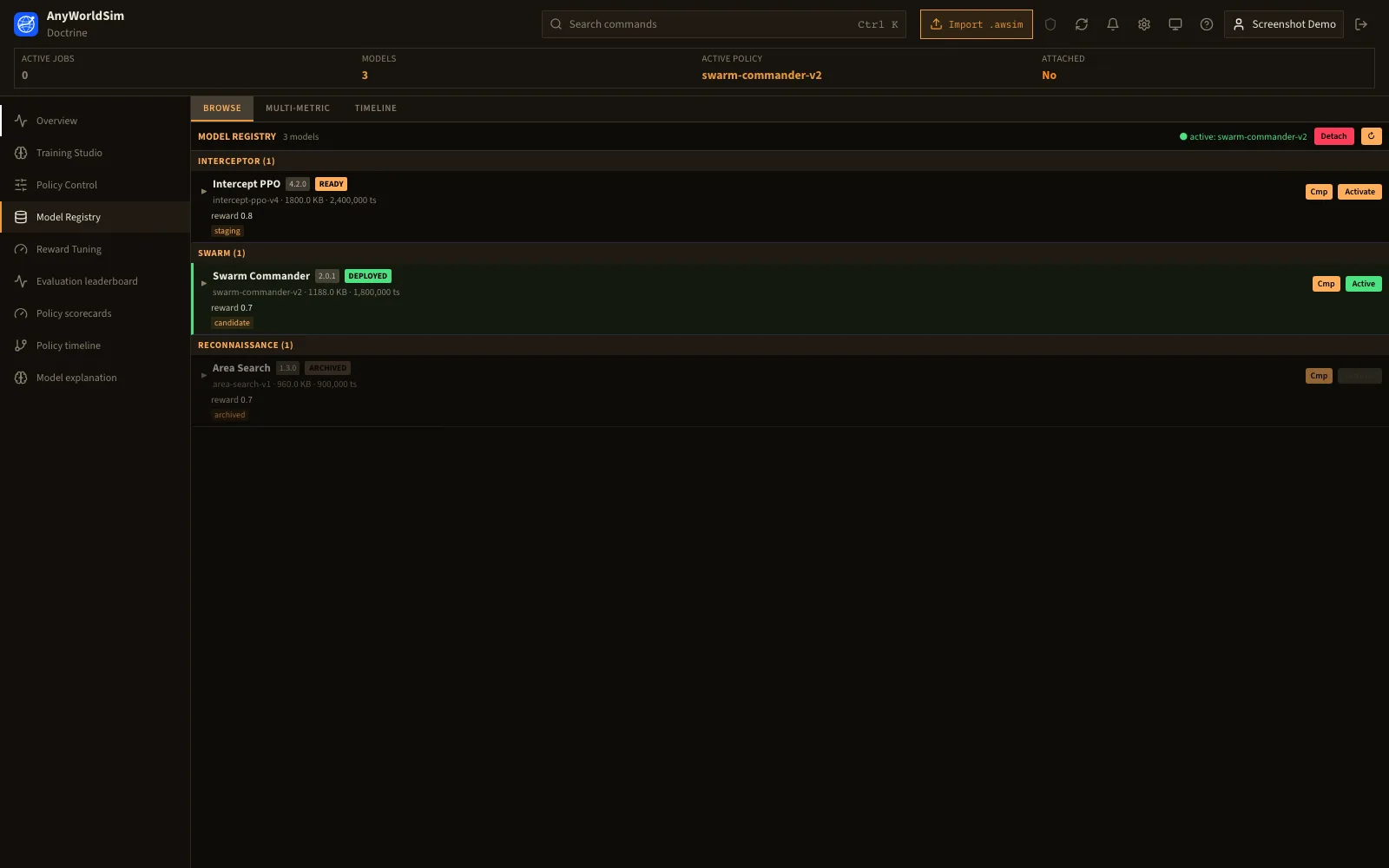 Doctrine model registry listing trained models with ready, deployed, and archived states