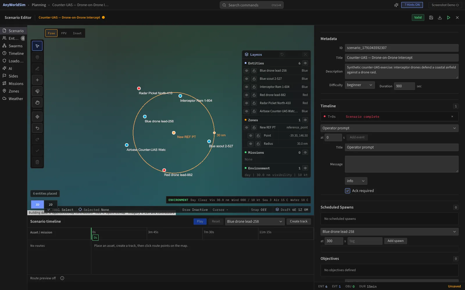 Scenario Editor workspace with placed entities, a reference zone, and metadata and timeline panels